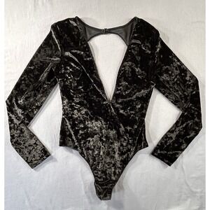 Victoria's Secret Black Crushed Velvet Long Sleeve Deep V Bodysuit Women's XS